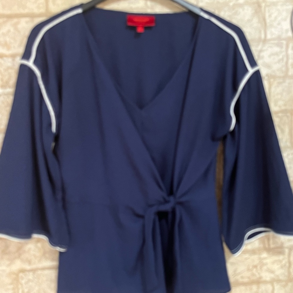 Jennifer Lopez Navy Wrap Blouse with White Accents